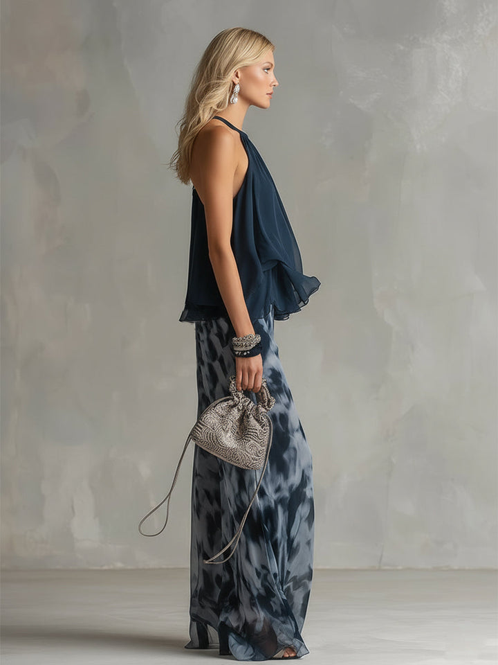 Ludovica - un elegante conjunto de chiffon que presenta una blusa de cuello alto y pantalones anchos estampados