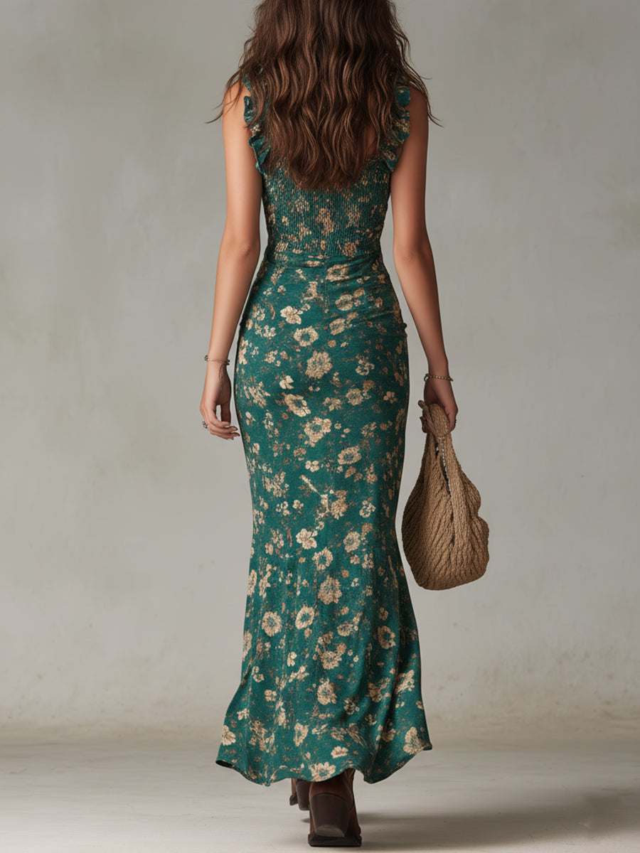 Yarra | Vestido Maxi Boho Retro con Mangas Fruncidas y Alta Abertura
