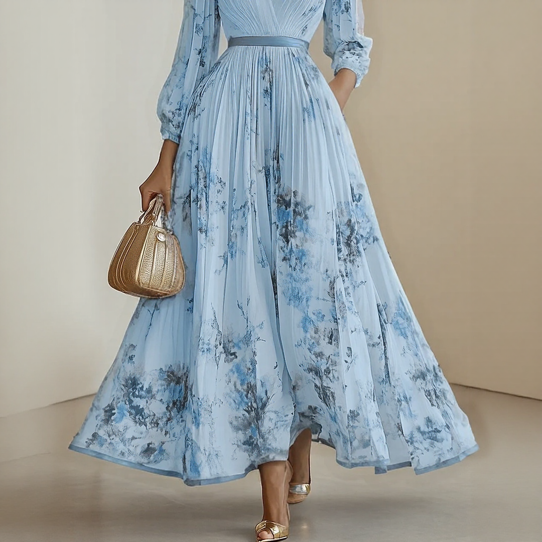 Rosella | Vestido Largo Plisado Floral con Escote en V