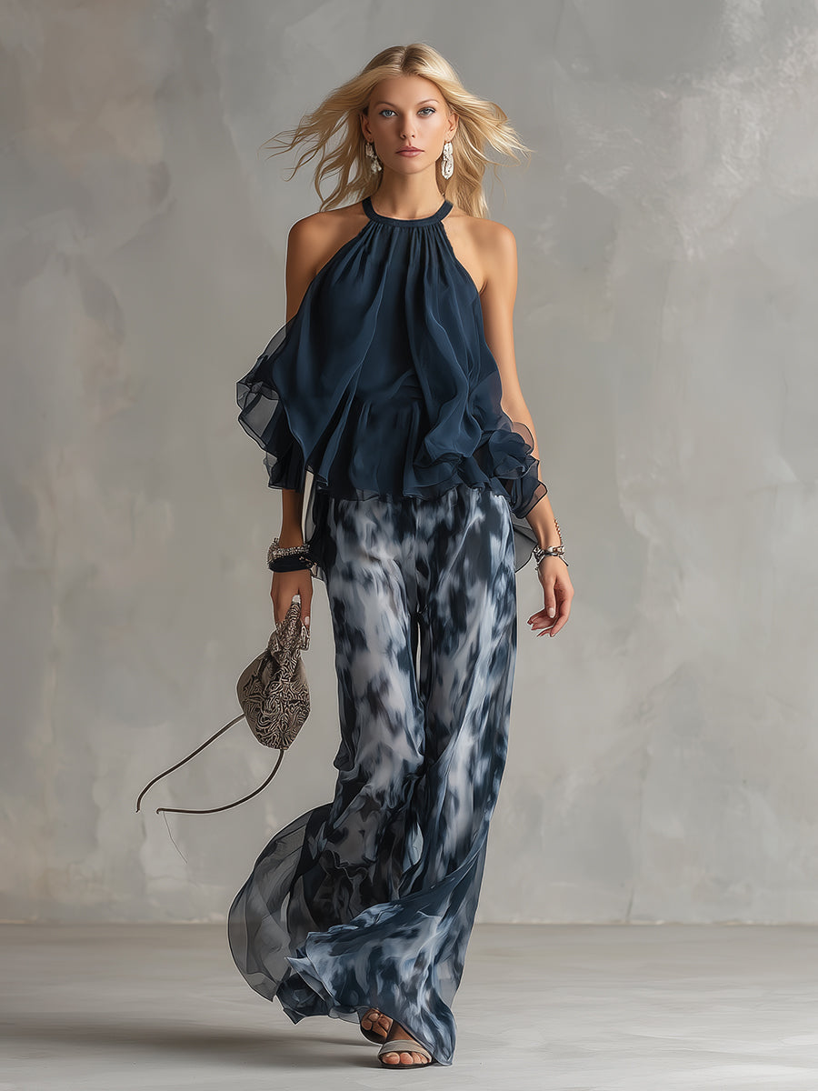 Ludovica - un elegante conjunto de chiffon que presenta una blusa de cuello alto y pantalones anchos estampados
