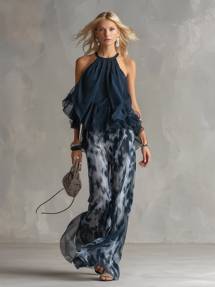 Ludovica - un elegante conjunto de chiffon que presenta una blusa de cuello alto y pantalones anchos estampados