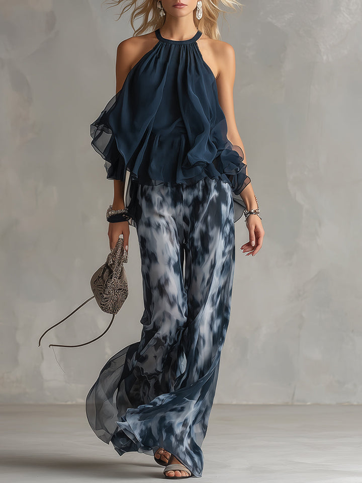 Ludovica - un elegante conjunto de chiffon que presenta una blusa de cuello alto y pantalones anchos estampados