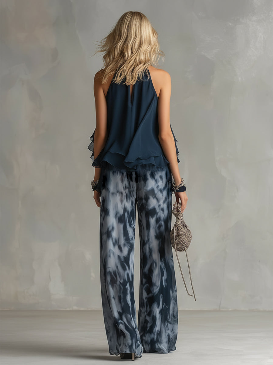 Ludovica - un elegante conjunto de chiffon que presenta una blusa de cuello alto y pantalones anchos estampados