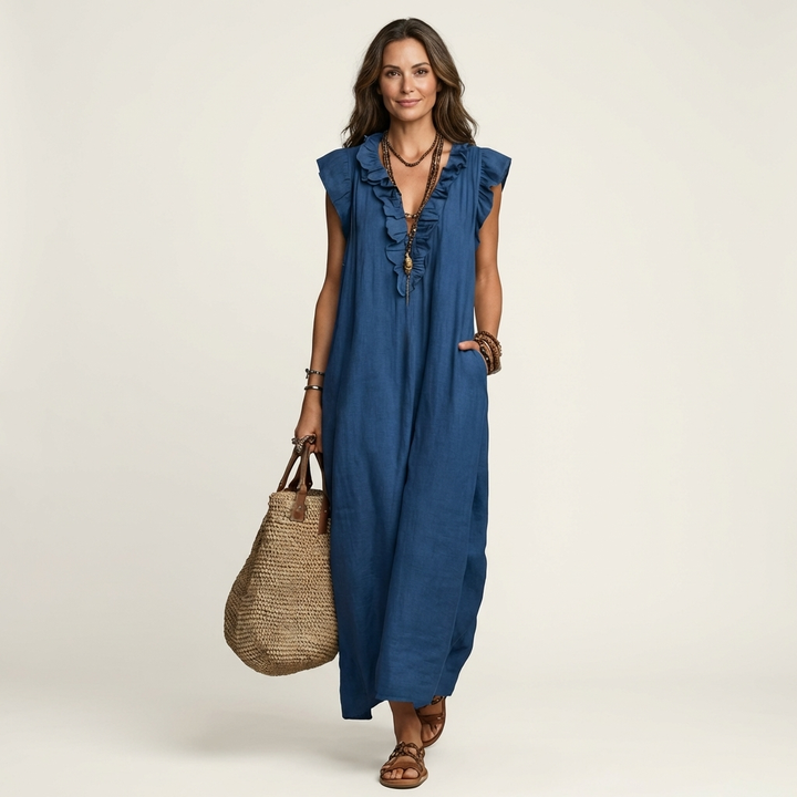 Josette | Vestido Maxi de Lino con Volantes y Escote en V