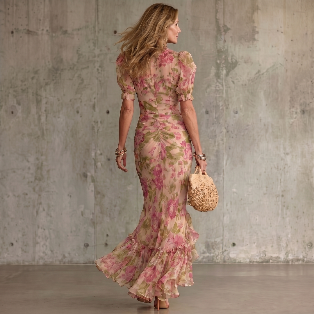 Fiora | Vestido Maxi de Estampado de Rosa Vintage