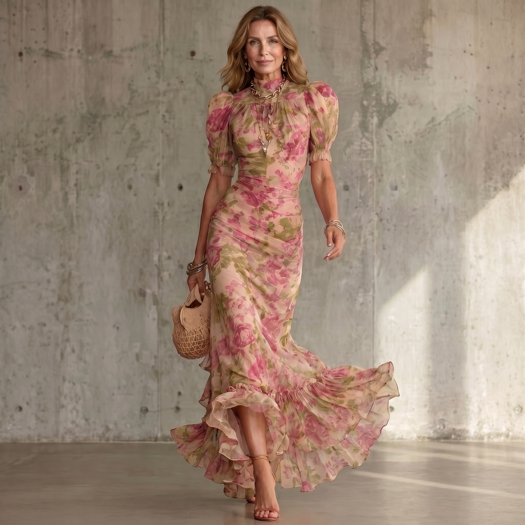 Fiora | Vestido Maxi de Estampado de Rosa Vintage